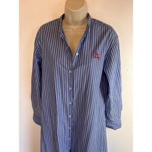 Maison Labiche Dress Size‎ S Blue Button Down Striped W/embroidered Keep Smiling